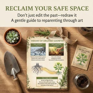 May include: A printed guide titled RECLAIM YOUR SAFE SPACE featuring the Theory of Organic Growth with illustrations of soil, roots, and plants. It includes a succulent in a terracotta pot, a metal trowel, a packet of heirloom seeds, and a glass jar of soil.