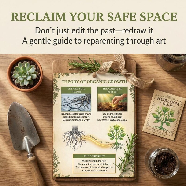 May include: A printed guide titled RECLAIM YOUR SAFE SPACE featuring the Theory of Organic Growth with illustrations of soil, roots, and plants. It includes a succulent in a terracotta pot, a metal trowel, a packet of heirloom seeds, and a glass jar of soil.