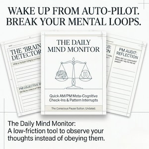May include: Three white notebooks with text: "THE DAILY MIND MONITOR" and "THE BRAIN DETECTOR". The central notebook features a scale with a brain and a clock. The text reads "Quick AM/PM Meta-Cognitive Check-Ins & Pattern Interrupts".