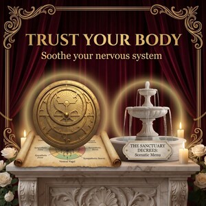 May include: An image with the text "TRUST YOUR BODY" and "Soothe your nervous system". It features a golden compass, a white fountain, candles, and a scroll with a diagram. The text "THE SANCTUARY DECREES: Somatic Menu" is also present.