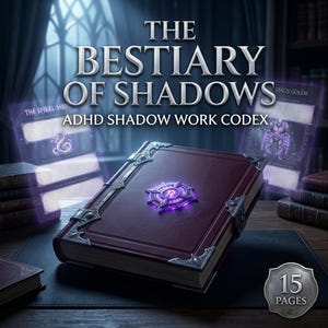 May include: A burgundy book titled "The Bestiary of Shadows" with the subtitle "ADHD Shadow Work Codex." The book has silver corner protectors and a central emblem. The image includes additional cards and text that reads "15 Pages."