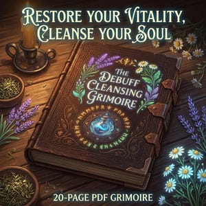 May include: A detailed illustration of a leather-bound grimoire with the title "The Debuff Cleansing Grimoire." The cover features floral designs and a glowing potion bottle. Text above reads "Restore Your Vitality, Cleanse Your Soul." The bottom text says "20-PAGE PDF GRIMOIRE."
