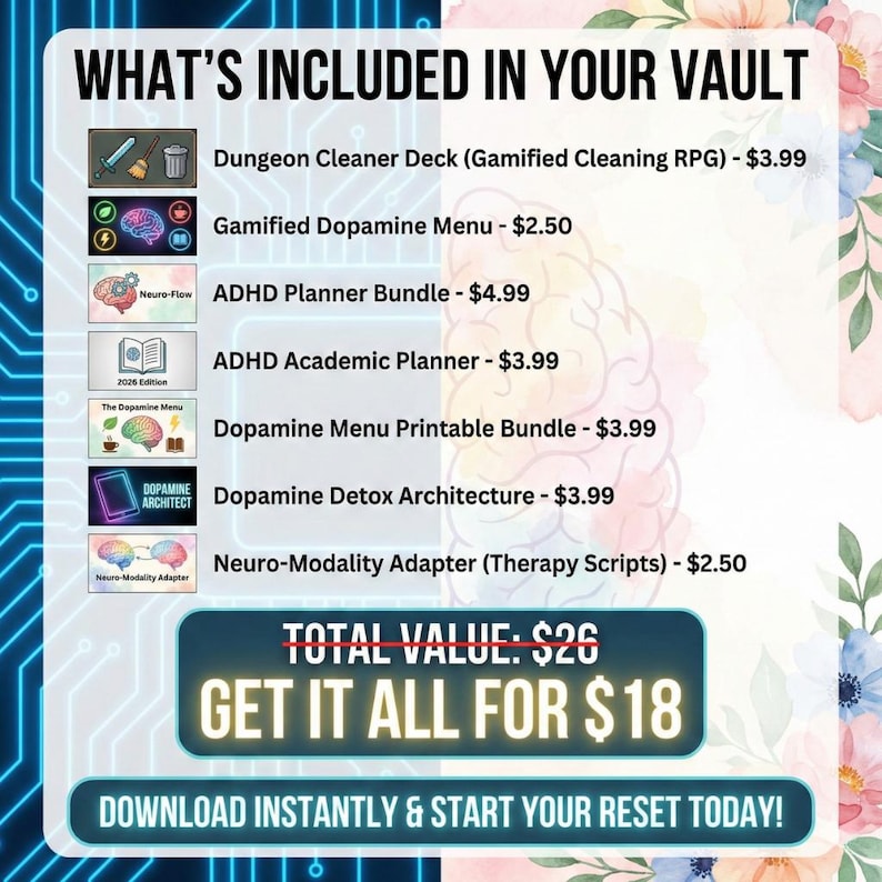 May include: An image with the text "WHAT'S INCLUDED IN YOUR VAULT" lists digital products like a "Dungeon Cleaner Deck" and "ADHD Planner Bundle." The total value is &pound;20.80, offered for &pound;14.40. The call to action is "DOWNLOAD INSTANTLY & START YOUR RESET TODAY!"