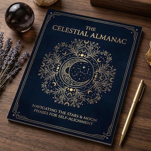 May include: A dark blue book titled "The Celestial Almanac" with gold lettering and a detailed celestial design. The cover features a crescent moon, stars, and floral elements. The text "Navigating the Stars & Moon Phases for Self-Alignment" is also visible.