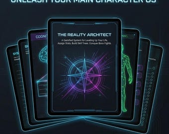 Gamified Life Planner-pdf, hoofdpersonage besturingssysteem, gewoontetracker donkere modus Cyberpunk, dopamine-menu, ADHD-level-upsysteem, optimalisatie van doelen