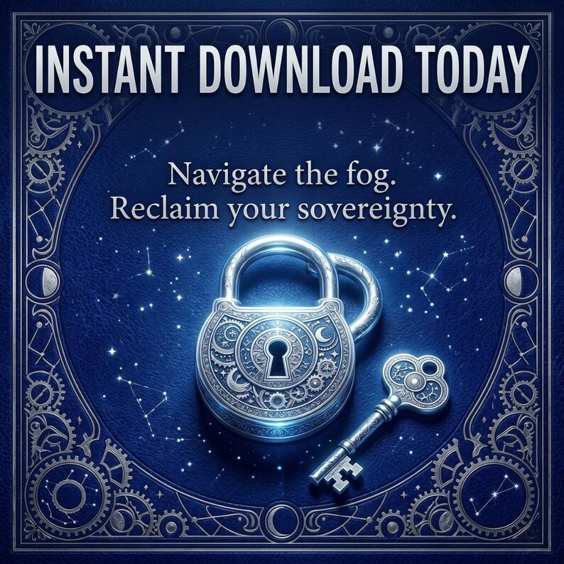 May include: A digital art image featuring a silver padlock and key on a dark blue background with constellations and gears. The text "INSTANT DOWNLOAD TODAY" and "Navigate the fog. Reclaim your sovereignty." are displayed.