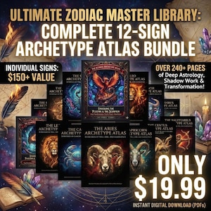 May include: A collection of 12 archetype atlas books, each featuring a zodiac sign. The book covers have vibrant illustrations of animals and celestial elements. Text includes "Ultimate Zodiac Master Library" and "Complete 12-Sign Archetype Atlas Bundle".