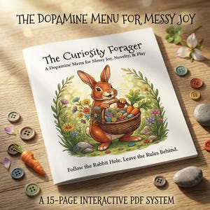 May include: A book cover featuring a cartoon rabbit carrying a basket of buttons and carrots, surrounded by flowers. The title is "The Curiosity Forager" and the text reads "The Dopamine Menu for Messy Joy." The book is part of a 15-page interactive PDF system.