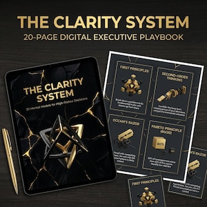 May include: A digital executive playbook titled "The Clarity System" with a black and gold design. The image includes a tablet displaying the playbook, a gold pen, and printed cards with diagrams and text about mental models for high-stakes decisions.