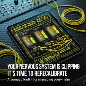 以下が含まれることがあります： デジタルタブレットには、ゲージとテキストが表示されたネットワークゲインコントロールインターフェースが表示されています。画面には「YOUR NERVOUS SYSTEM IS CLIPPING, IT'S TIME TO RERECALIBRATE」と表示されています。黄色のケーブルとコントロールパネルが見えます。これは、圧倒感を管理するための体性感覚ツールキットです。