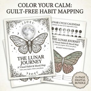 May include: A digital bundle featuring habit mapping tools. The main design includes a moth with a moon, surrounded by stars and crescent moons. The text reads "THE LUNAR JOURNEY" and "COLOR YOUR CALM: GUILT-FREE HABIT MAPPING". Additional pages show a lunar cycle calendar.