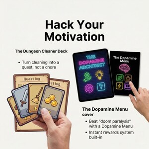 May include: Image of a motivational tool set. The image includes a tablet with the text "The Dopamine Architect" and a black card with a brain graphic. Also shown are game cards with quest-themed illustrations and text that reads "Quest log".