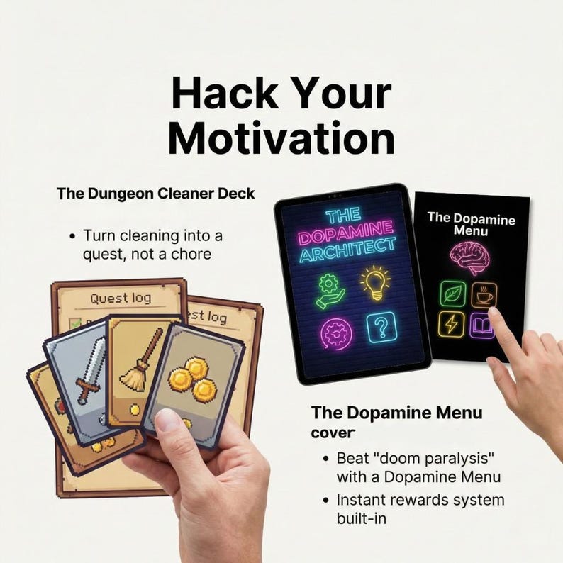 May include: Image of a motivational tool set. The image includes a tablet with the text "The Dopamine Architect" and a black card with a brain graphic. Also shown are game cards with quest-themed illustrations and text that reads "Quest log".