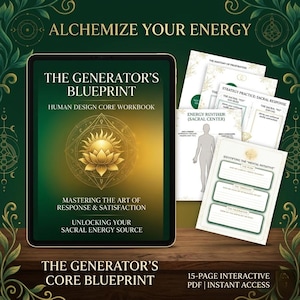May include: A digital tablet shows "The Generator's Blueprint" workbook with a golden lotus design. Additional pages detail human design concepts. The text reads "Alchemize Your Energy" and "Mastering the Art of Response & Satisfaction."