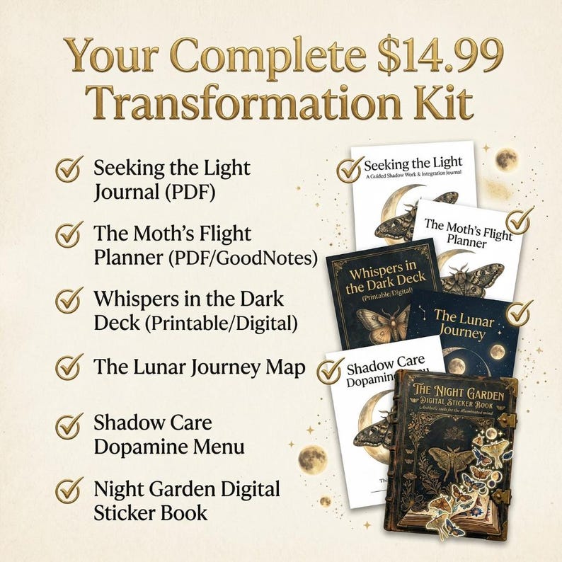 Ultimat skuggarbetespaket | Dark Academia Digital Journal Oracle Deck | Guidad helande arbetsbok, gamifierad vanespårare och månlig humörkarta bild 5