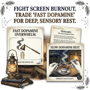 May include: An illustrated image promoting sensory rest. It features cards with text such as "Fast Dopamine Overwhelm" and "Slow Dopamine Rest." A lit candle, a teacup, books, and a lantern are also depicted. The text reads "Fight Screen Burnout."