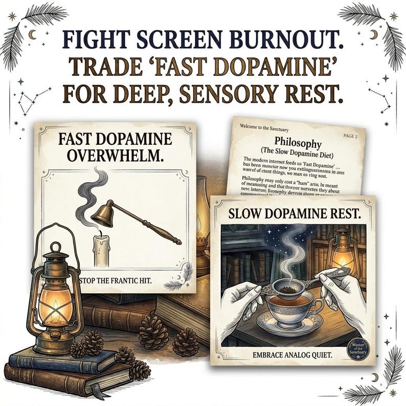 May include: An illustrated image promoting sensory rest. It features cards with text such as "Fast Dopamine Overwhelm" and "Slow Dopamine Rest." A lit candle, a teacup, books, and a lantern are also depicted. The text reads "Fight Screen Burnout."