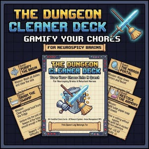 Könnte beinhalten: Ein Spielkartenset mit dem Titel "The Dungeon Cleaner Deck" mit Pixelkunst. Das Set enthält Karten mit Quests wie "Reinige das Becken" und "Rüste die Waffenkammer auf". Das Design zeigt ein Schwert, einen Besen und einen Mülleimer.