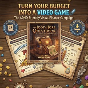 Peut inclure: Concept de jeu illustré avec le texte « TRANSFORMEZ VOTRE BUDGET EN JEU VIDÉO ». L'image centrale est un livre intitulé « The Loot & Lore Questbook ». Des cartes et des pièces supplémentaires sont éparpillées autour du livre, avec le texte « PRESS START ».