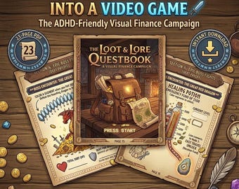 Gamified Budget Planner for ADHD | RPG Finance Tracker & Debt Payoff Questbook | Nerdy Savings Goal PDF | Cozy Gamer Financial Journal