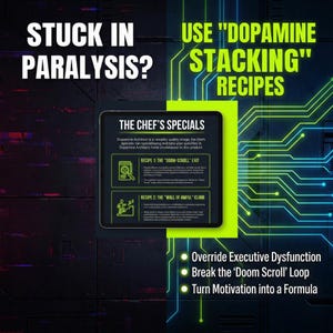 May include: A digital graphic with the text "STUCK IN PARALYSIS?" and "USE 'DOPAMINE STACKING' RECIPES." A tablet displays "THE CHEF'S SPECIALS" with two recipes. The graphic includes green and blue circuit-like lines and bullet points: Override Executive Dysfunction, Break the 'Doom Scroll' Loop, and Turn Motivation into a Formula.