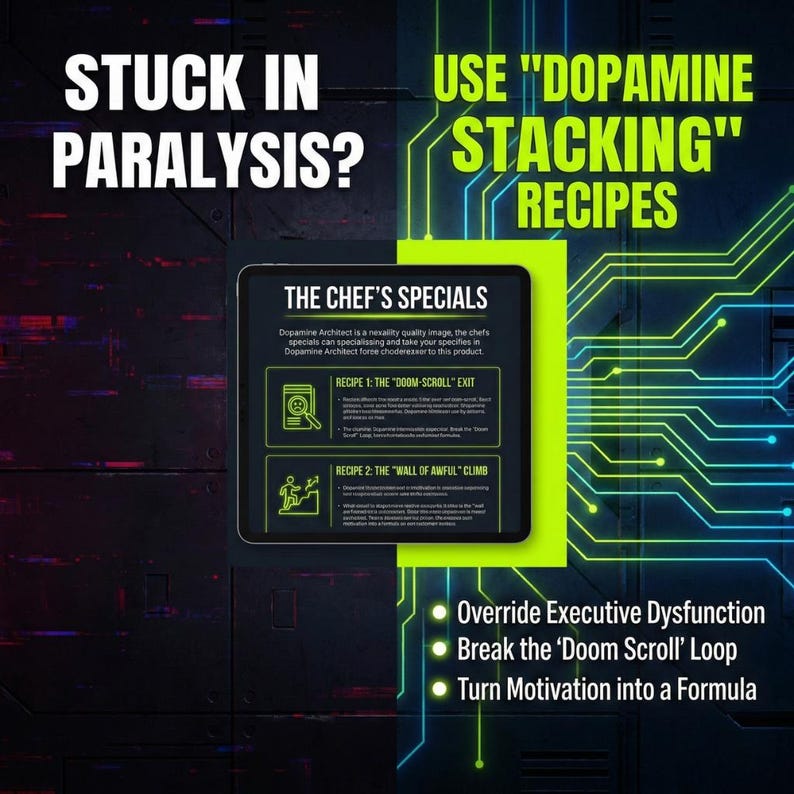May include: A digital graphic with the text "STUCK IN PARALYSIS?" and "USE 'DOPAMINE STACKING' RECIPES." A tablet displays "THE CHEF'S SPECIALS" with two recipes. The graphic includes green and blue circuit-like lines and bullet points: Override Executive Dysfunction, Break the 'Doom Scroll' Loop, and Turn Motivation into a Formula.
