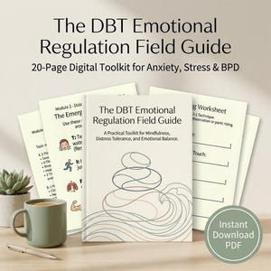 Może przedstawiać: Cyfrowy zestaw narzędzi zatytułowany "The DBT Emotional Regulation Field Guide" z okładką przedstawiającą ułożone kamienie i ilustracje fal. Przewodnik jest przeznaczony dla osób zmagających się z lękiem, stresem i BPD, z dodatkowymi arkuszami roboczymi i filiżanką kawy na pierwszym planie.