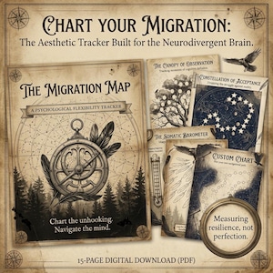 May include: A collection of digital printable charts with a vintage aesthetic. The main chart is titled "The Migration Map" and features a compass design. Other charts include "The Canopy of Observation" and "Constellation of Acceptance." The text reads "Chart Your Migration" and "Measuring resilience, not perfection."