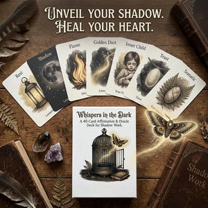 May include: A deck of "Whispers in the Dark" affirmation and oracle cards with illustrations of a lantern, flame, and moth. The text "Unveil Your Shadow. Heal Your Heart." is at the top. The deck is for shadow work.
