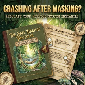 May include: An illustrated book titled "The Safe Habitat Protocol" with a jungle scene, a compass, and text that reads "Crashing After Masking? Regulate Your Nervous System Instantly." A second page lists sensory de-stimulation starters.
