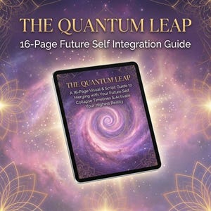 May include: A digital tablet displays the title "THE QUANTUM LEAP" and the subtitle "16-Page Future Self Integration Guide." The screen shows text about merging with your future self and collapsing timelines. The background is a swirling galaxy of purple and pink.