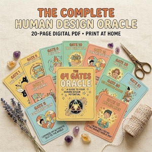 May include: A collection of Human Design Oracle cards with the text "THE COMPLETE HUMAN DESIGN ORACLE" and "THE 64 GATES ORACLE". The cards are in various colors and feature illustrations and text. Additional items include crystals, scissors, and twine.