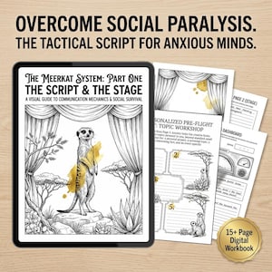May include: A digital workbook titled The Meerkat System: Part One The Script & The Stage, featuring a black and white illustration of a meerkat on a stage with curtains, accented by yellow ink splatters, alongside printed pages and a gold seal.