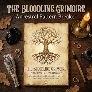 May include: A book titled "The Bloodline Grimoire: Ancestral Pattern Breaker" with a tree illustration, surrounded by a lit candle, inkwell, pen, dried herbs, and a black stone on a wooden surface. The book's subtitle is "A Jungian Guide to Healing Generational Trauma & The Family Shadow."