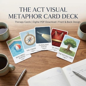 May include: A set of therapy cards labelled "THE ACT VISUAL METAPHOR CARD DECK" featuring images like a beach ball, compass, flashlight, theatre curtains, and a tree. The cards are arranged on a wooden table with a notebook, pen, and cups of tea.