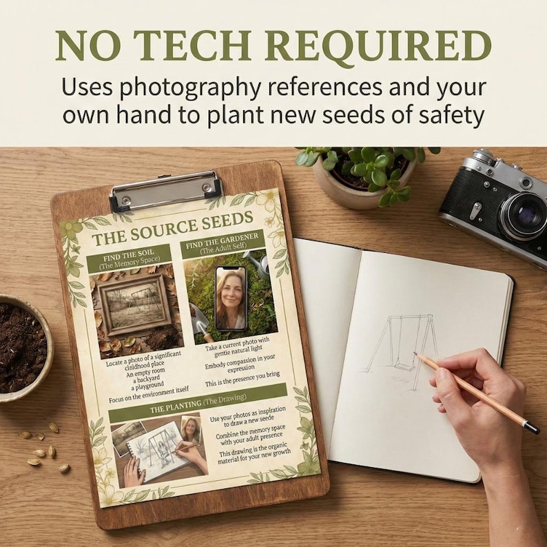 May include: A wooden clipboard holds a printed guide titled "THE SOURCE SEEDS" with text and images. A person is drawing a swing set in a blank notebook with a pencil. A vintage camera and a small potted plant are also visible.