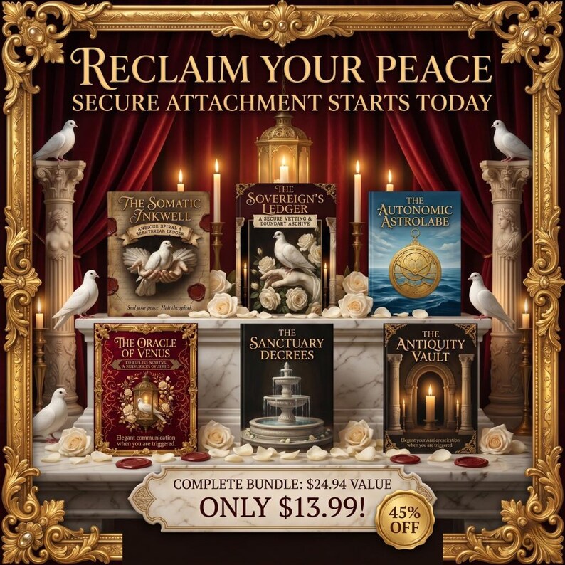 May include: An advertisement featuring a collection of books with titles like "The Somatic Inkwell" and "The Autonomic Astrolabe." The image includes white doves, candles, and the text "Reclaim Your Peace." The bundle is offered at a discounted price.