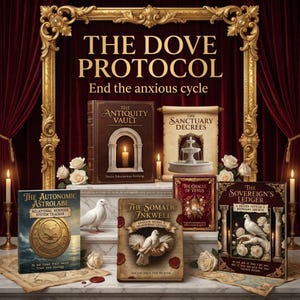 May include: An image featuring several books with titles like "The Antiquity Vault" and "The Somatic Inkwell." The books are arranged on a marble surface with candles, roses, and a decorative gold frame. The text "THE DOVE PROTOCOL" is at the top.