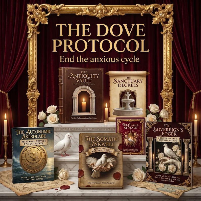 May include: An image featuring several books with titles like "The Antiquity Vault" and "The Somatic Inkwell." The books are arranged on a marble surface with candles, roses, and a decorative gold frame. The text "THE DOVE PROTOCOL" is at the top.