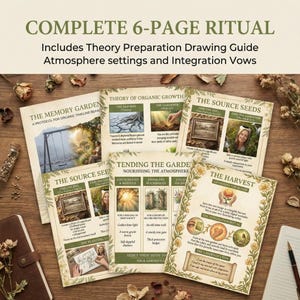 May include: A complete 6-page ritual guide with text and illustrations. The pages are arranged on a wooden surface with dried flowers and a notebook. The text includes "Theory Preparation Drawing Guide" and "Atmosphere settings".