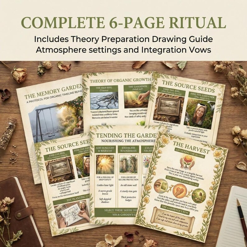 May include: A complete 6-page ritual guide with text and illustrations. The pages are arranged on a wooden surface with dried flowers and a notebook. The text includes "Theory Preparation Drawing Guide" and "Atmosphere settings".