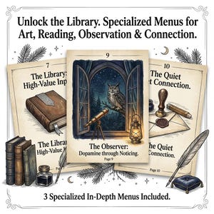 May include: Three illustrated menus with text, including "The Library", "The Observer", and "The Quiet Connection". The image features a stack of books, a quill, an inkwell, and a drawing of an owl in a window.