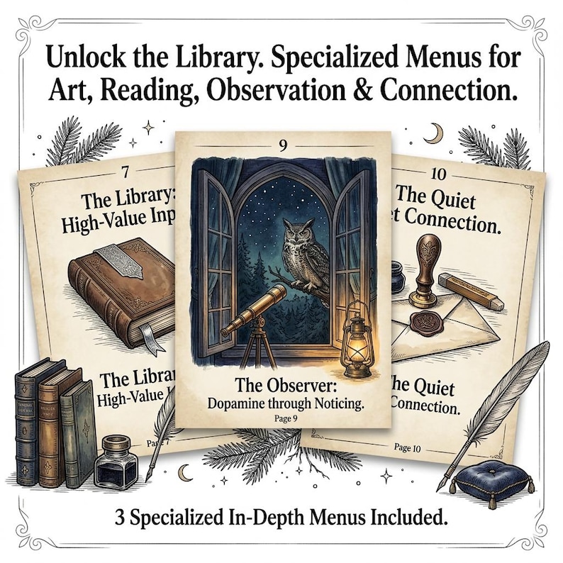 May include: Three illustrated menus with text, including "The Library", "The Observer", and "The Quiet Connection". The image features a stack of books, a quill, an inkwell, and a drawing of an owl in a window.