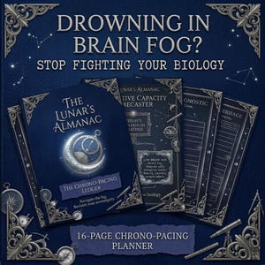 May include: A dark blue planner with the text "Drowning in Brain Fog? Stop Fighting Your Biology." The planner includes a book titled "The Lunar's Almanac" and several inserts. The planner is a 16-page chrono-pacing planner.