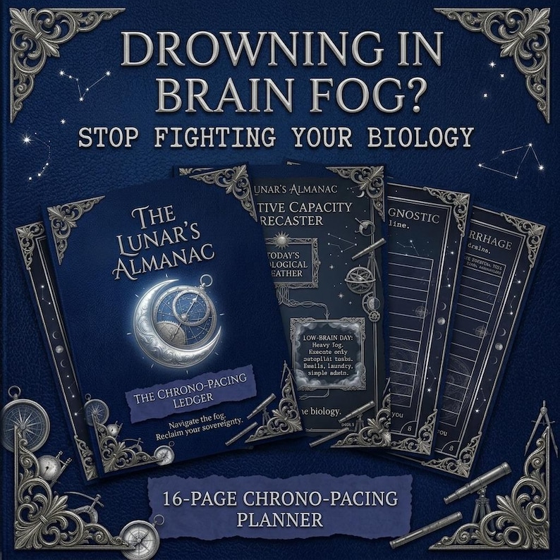 May include: A dark blue planner with the text "Drowning in Brain Fog? Stop Fighting Your Biology." The planner includes a book titled "The Lunar's Almanac" and several inserts. The planner is a 16-page chrono-pacing planner.