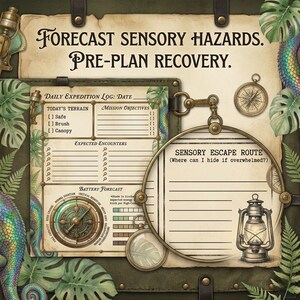 May include: A vintage-style journal with the text "FORECAST SENSORY HAZARDS. PRE-PLAN RECOVERY." The journal features a compass, lantern, and a "DAILY EXPEDITION LOG" with checkboxes and prompts. The design includes botanical illustrations and a compass.
