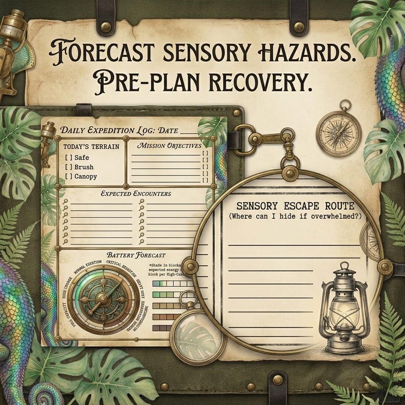 May include: A vintage-style journal with the text "FORECAST SENSORY HAZARDS. PRE-PLAN RECOVERY." The journal features a compass, lantern, and a "DAILY EXPEDITION LOG" with checkboxes and prompts. The design includes botanical illustrations and a compass.