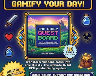 Puede incluir: Gráfico de descarga digital con el texto "BATTLE EXECUTIVE DYSFUNCTION: GAMIFY YOUR DAY!" y "THE DAILY QUEST BOARD". La imagen presenta arte pixelado de una espada, un corazón, una poción, un dragón y una bolsa de monedas de oro. Incluye 16 páginas.