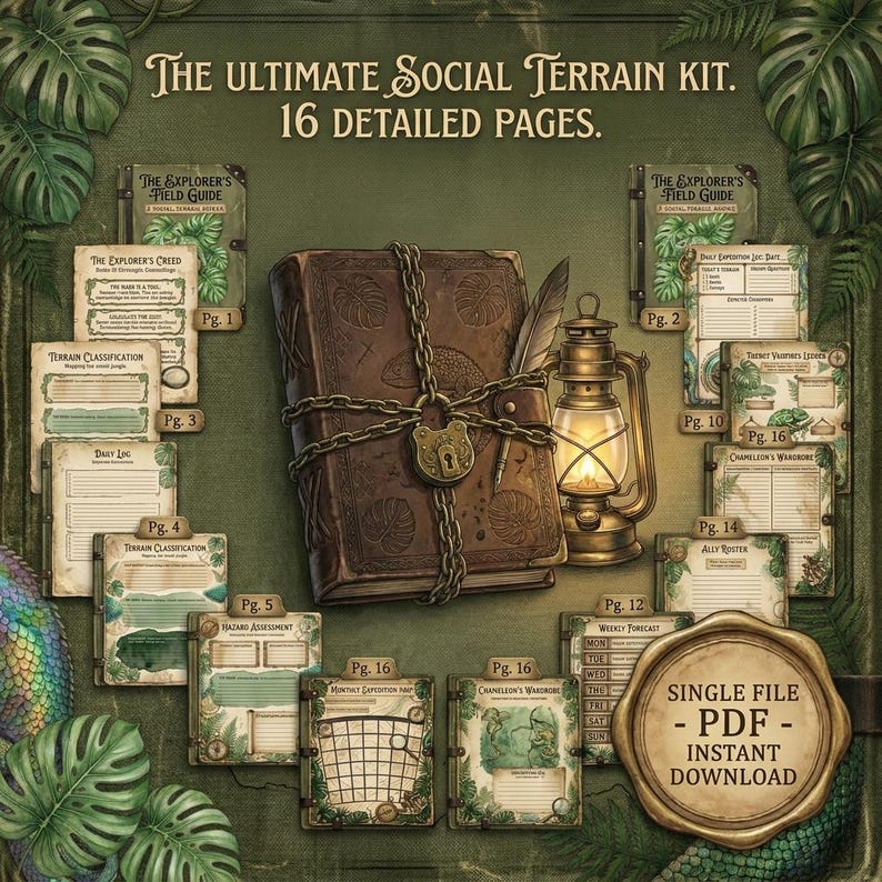 May include: An illustrated kit for social terrain, featuring a detailed book secured with a chain and lock, a lantern, and various pages with text. The kit includes 16 detailed pages, with the text "The Ultimate Social Terrain Kit."