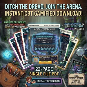 Pode incluir: An&uacute;ncio de download gamificado de TCC. A imagem apresenta um tema de fantasia com o texto "Ditch the Dread. Join the Arena." e "Instant CBT Gamified Download!". V&aacute;rios documentos, dados e uma caneta tamb&eacute;m s&atilde;o vis&iacute;veis.